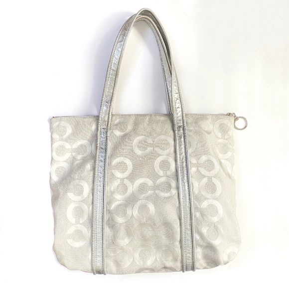 Coach metallic silver canvas fabric leather top handle zipper zip purse bag tote - Picture 2 of 8